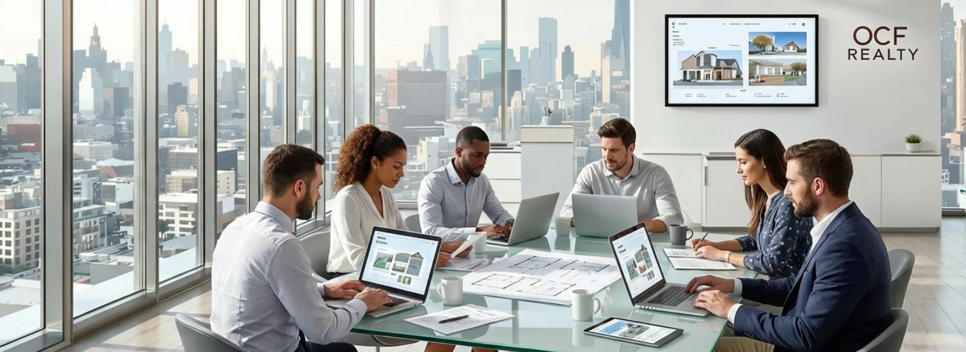 Real estate team working together in an office setting