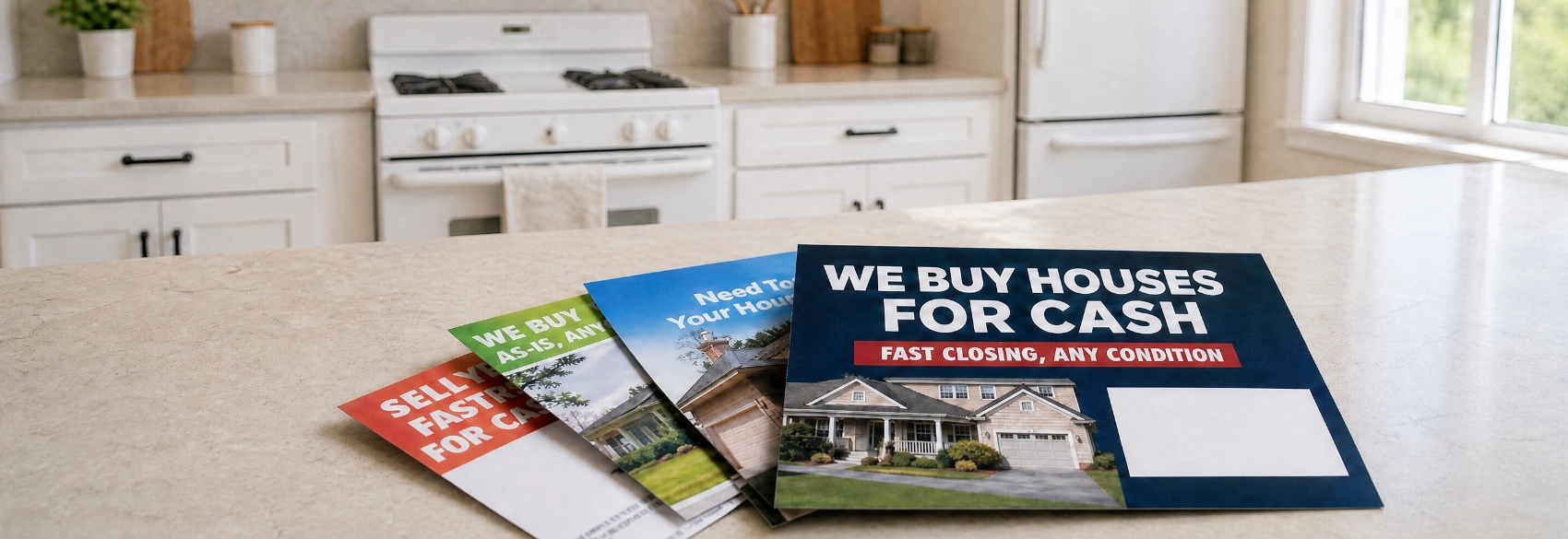 A stack of 'we buy houses for cash' direct-mail postcards fanned out on a kitchen counter