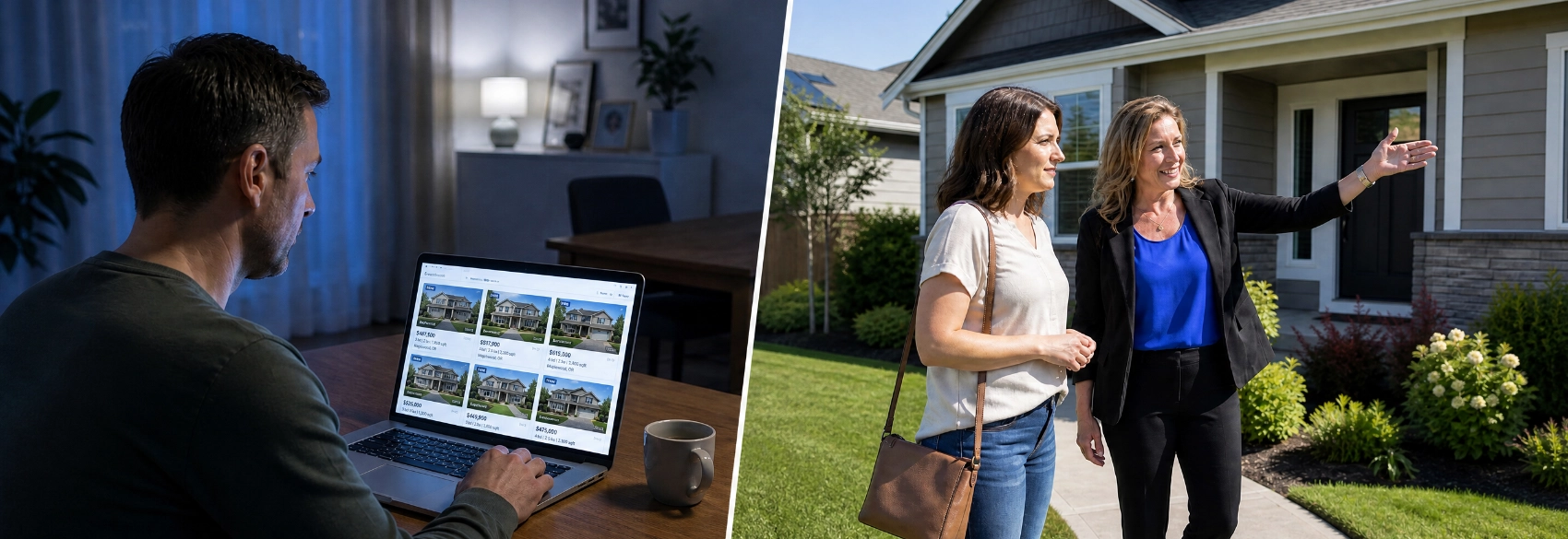 Split image: a man searching home listings alone at night on a laptop and a client and real estate agent out touring homes and learning about the neighborhood.