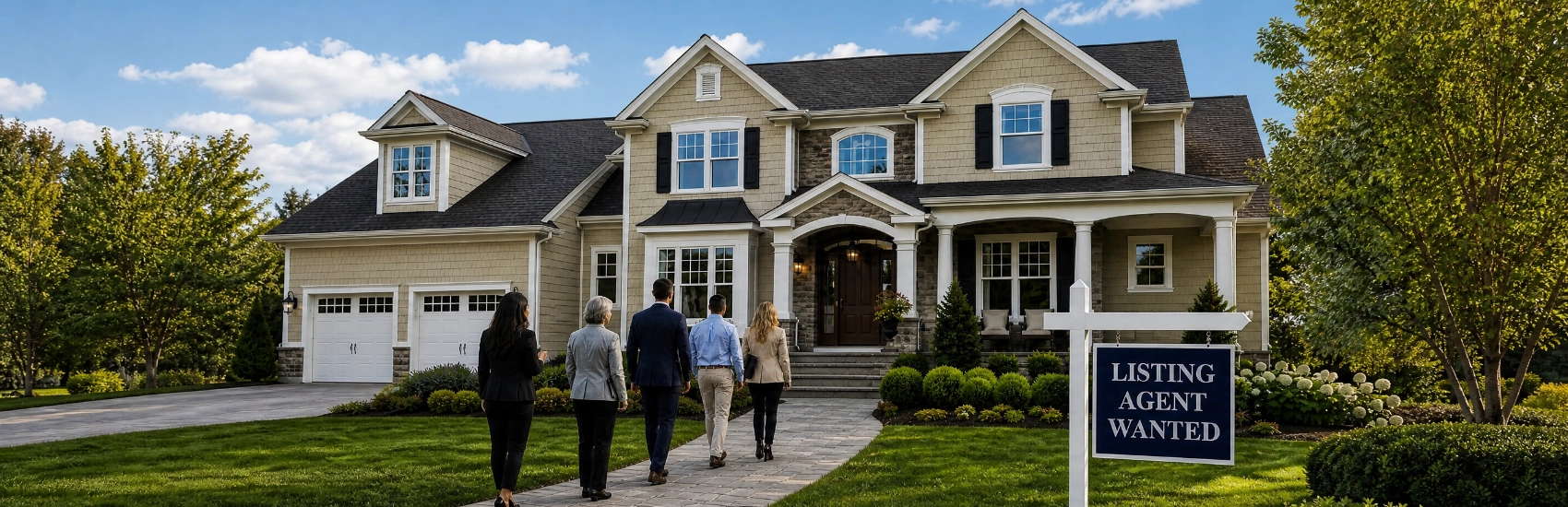 A line of prospective listing agents in mixed business attire waiting outside a home with a 'Listing Agent Wanted' sign, representing the idea of interviewing several agents before signing with any one of them
