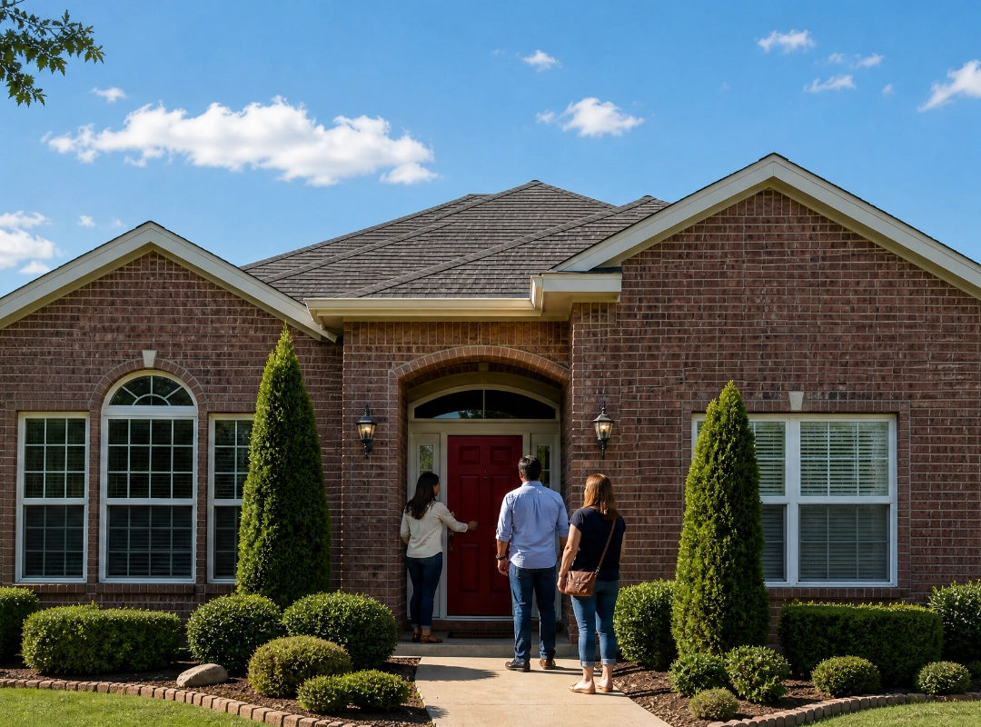Two women and a man standing at the red front door of a brick house, about to tour it together