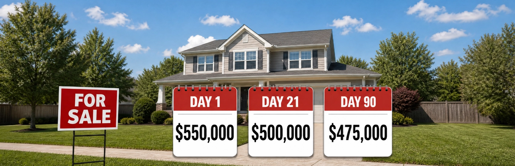 A 'For Sale' sign in front of a house with three price tags showing the list price dropping over time: Day 1 at $550,000, Day 21 at $500,000, and Day 90 at $475,000