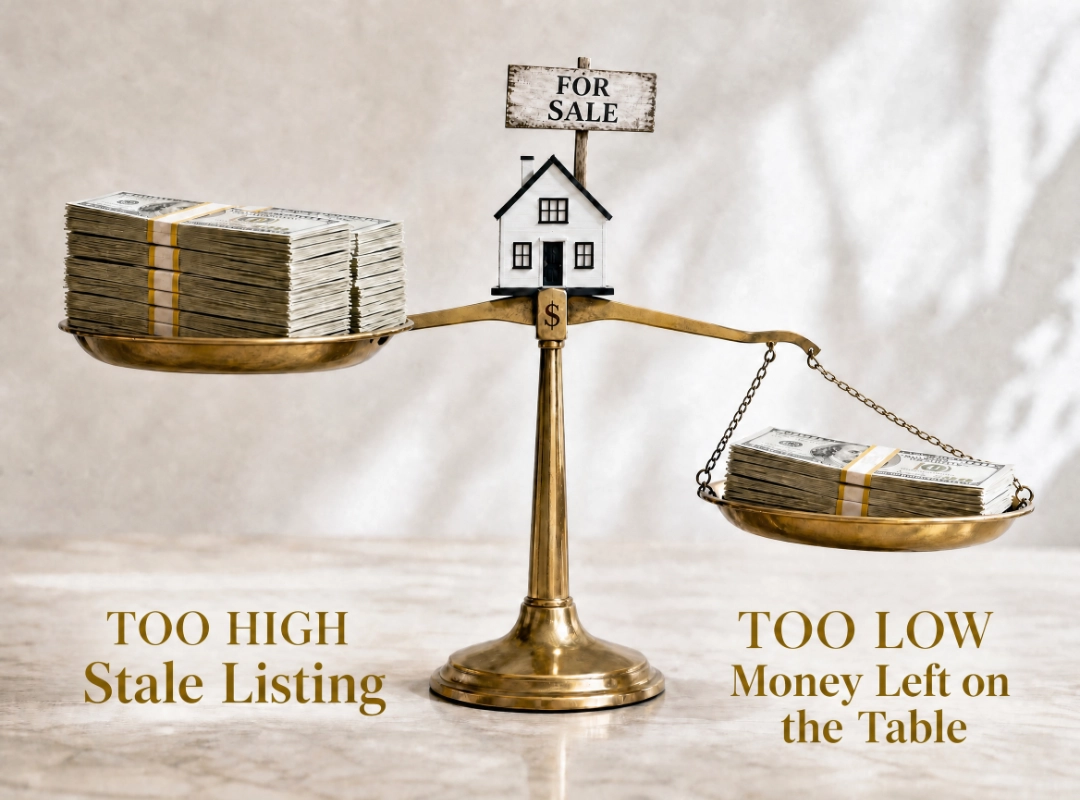 A balance scale showing the impact of pricing your home too high versus too low