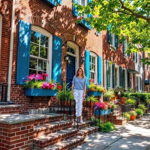 Woman greeting clients at the door of a colonial home